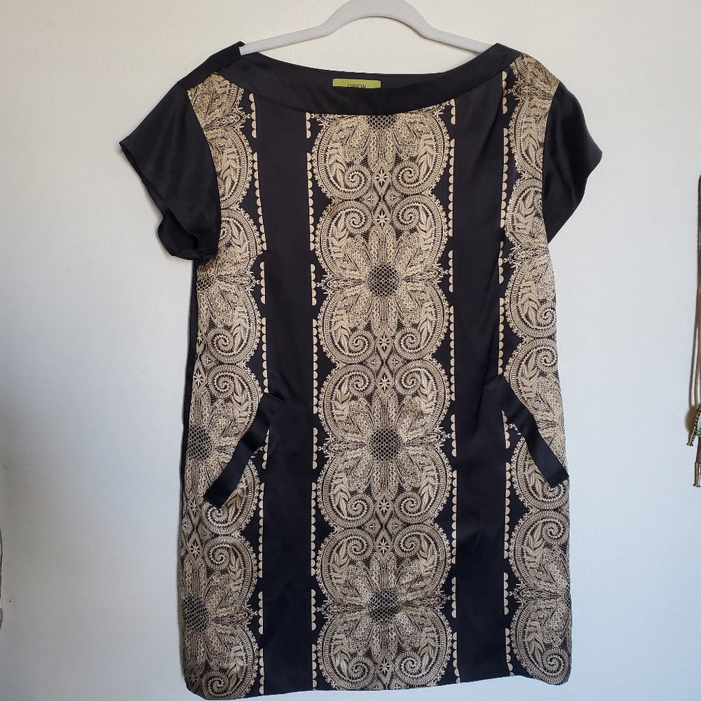 Black and gold mini silk dress